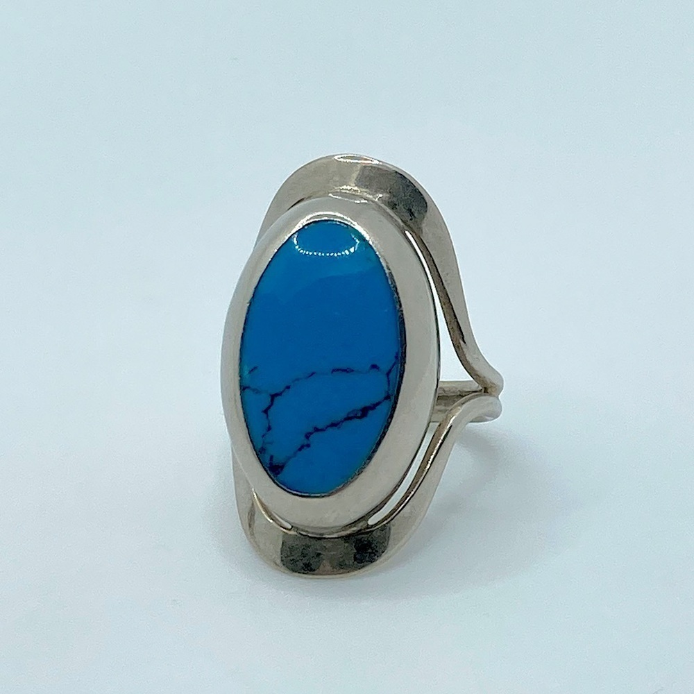 Vtg TURQUOISE Silver Ring Oval Shape Modern Mexico Style Sz 7.25